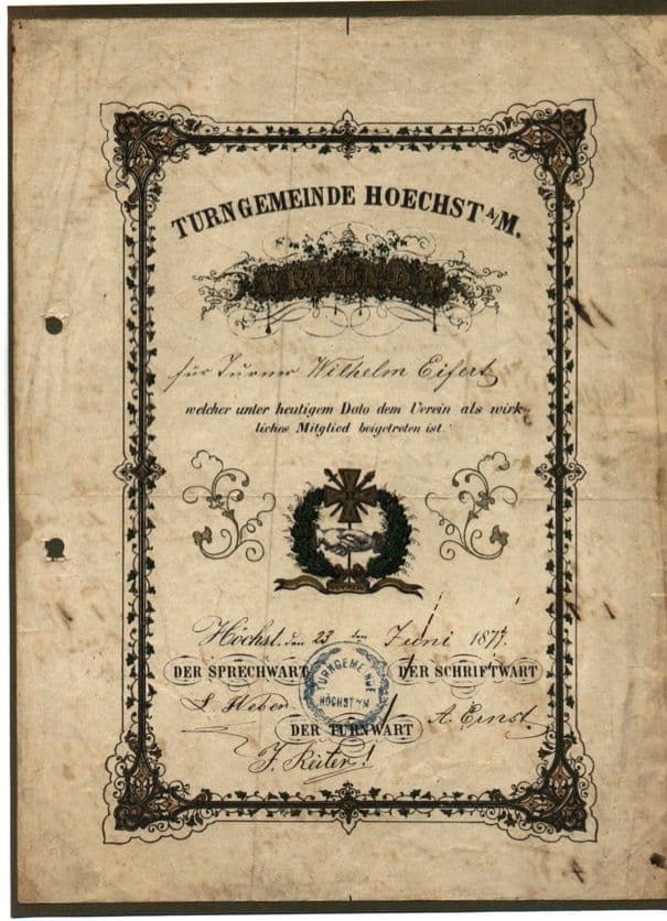 Mitgliedsurkunde von 1877